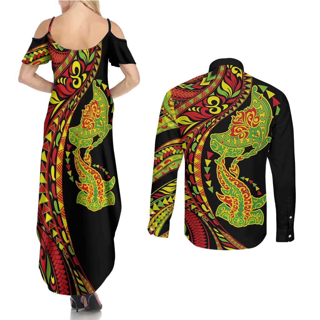 Hawaiian Manta Ray and Hammerhead Shark Tribal Tattoo Couples Matching Summer Maxi Dress and Long Sleeve Button Shirt with Polynesian Tribal Pattern Kanaka Maoli Flag Color LT03 - Polynesian Pride