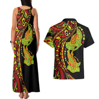 Hawaiian Manta Ray and Hammerhead Shark Tribal Tattoo Couples Matching Tank Maxi Dress and Hawaiian Shirt with Polynesian Tribal Pattern Kanaka Maoli Flag Color LT03 - Polynesian Pride