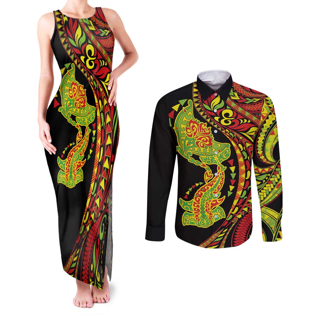 Hawaiian Manta Ray and Hammerhead Shark Tribal Tattoo Couples Matching Tank Maxi Dress and Long Sleeve Button Shirt with Polynesian Tribal Pattern Kanaka Maoli Flag Color LT03 Multicolor - Polynesian Pride