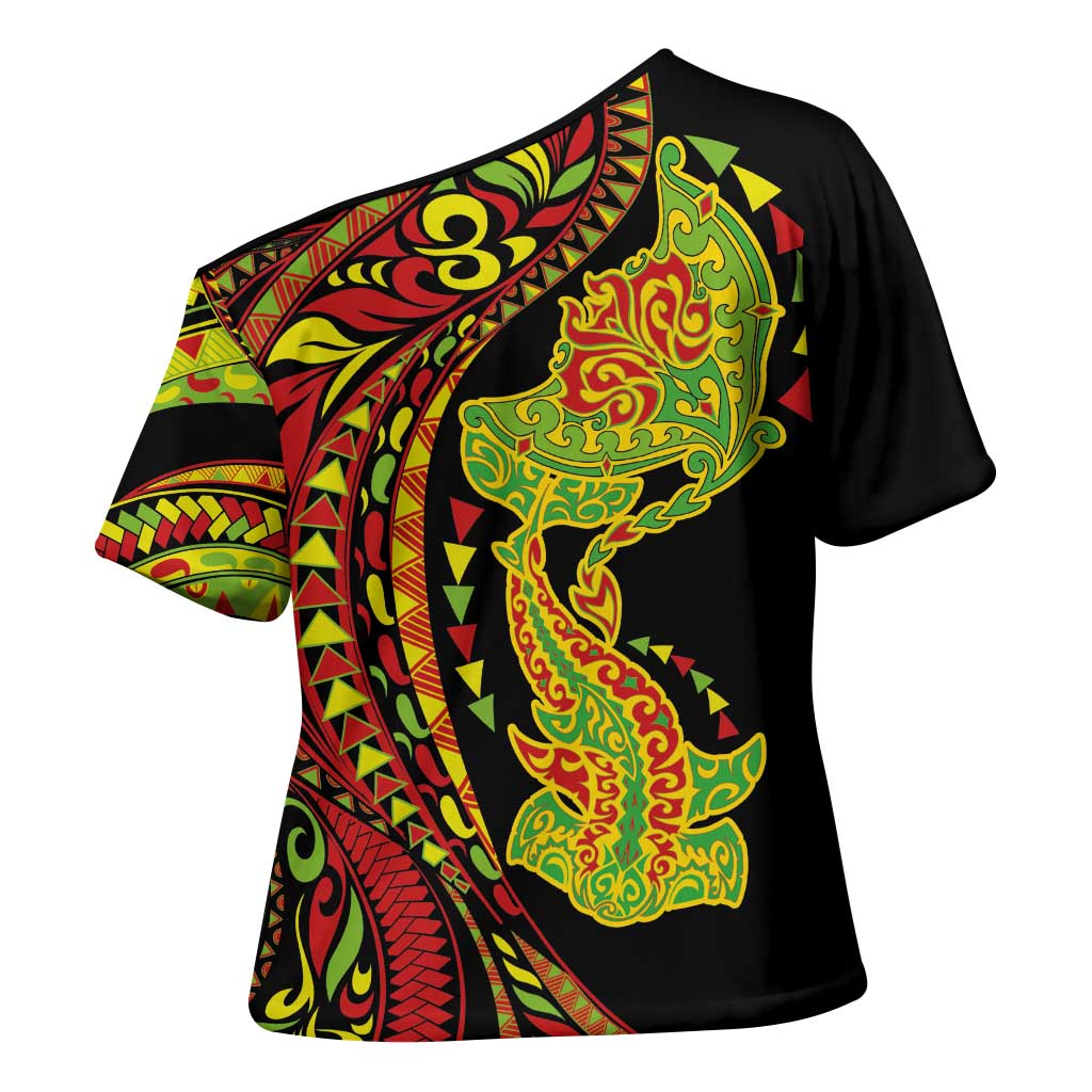 Hawaiian Manta Ray and Hammerhead Shark Tribal Tattoo Cross Shoulder Shirt with Polynesian Tribal Pattern Kanaka Maoli Flag Color LT03 - Polynesian Pride