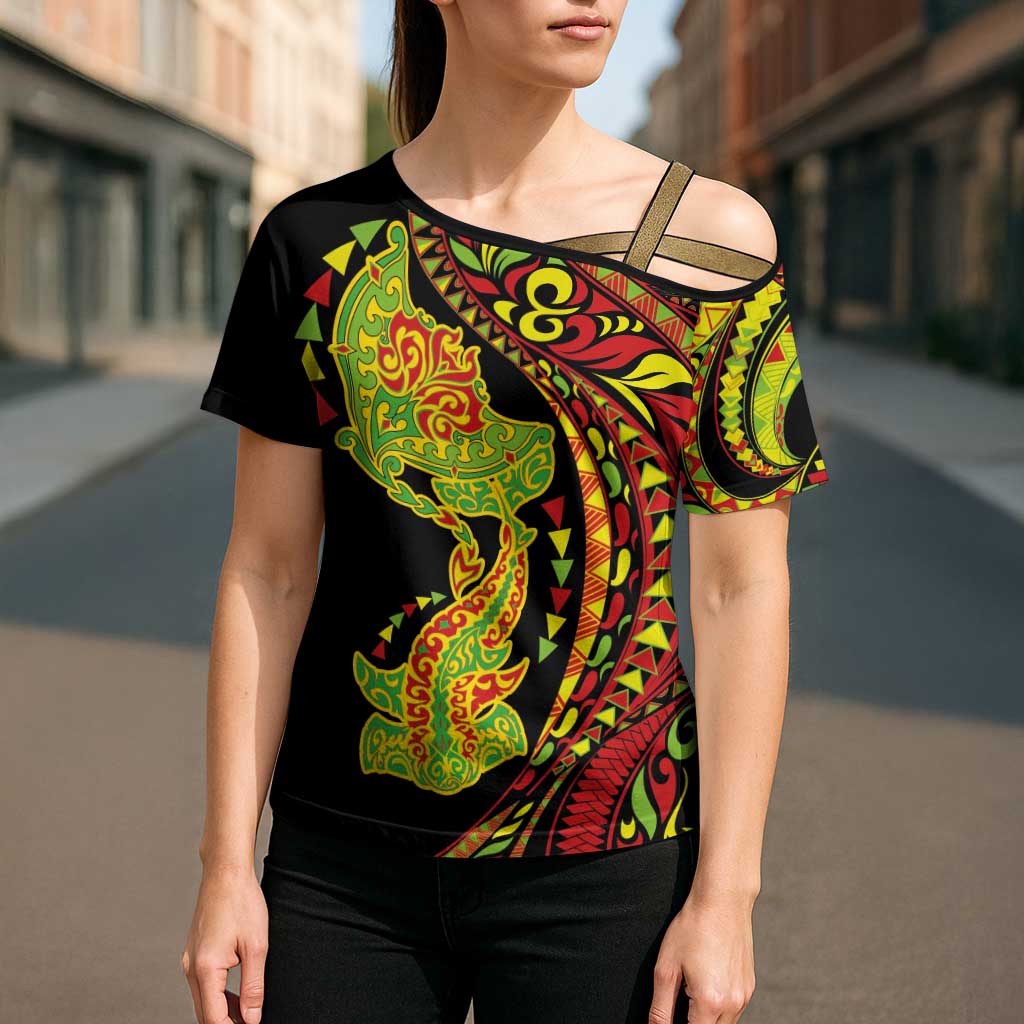 Hawaiian Manta Ray and Hammerhead Shark Tribal Tattoo Cross Shoulder Shirt with Polynesian Tribal Pattern Kanaka Maoli Flag Color LT03 - Polynesian Pride