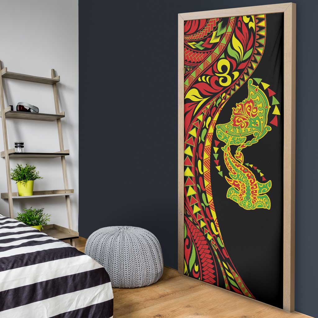 Hawaiian Manta Ray and Hammerhead Shark Tribal Tattoo Door Cover with Polynesian Tribal Pattern Kanaka Maoli Flag Color LT03 - Polynesian Pride