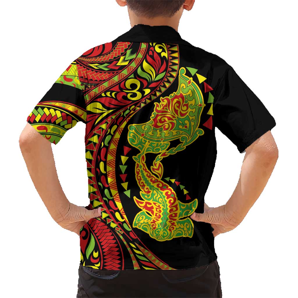 Hawaiian Manta Ray and Hammerhead Shark Tribal Tattoo Family Matching Long Sleeve Bodycon Dress and Hawaiian Shirt with Polynesian Tribal Pattern Kanaka Maoli Flag Color LT03 - Polynesian Pride