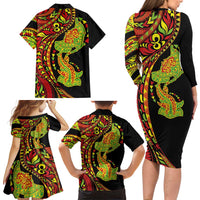 Hawaiian Manta Ray and Hammerhead Shark Tribal Tattoo Family Matching Long Sleeve Bodycon Dress and Hawaiian Shirt with Polynesian Tribal Pattern Kanaka Maoli Flag Color LT03 - Polynesian Pride