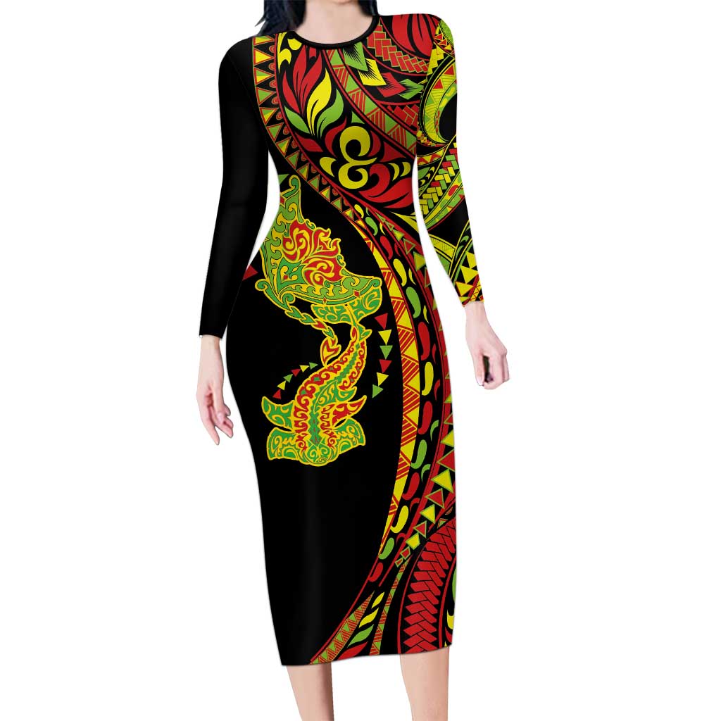 Hawaiian Manta Ray and Hammerhead Shark Tribal Tattoo Family Matching Long Sleeve Bodycon Dress and Hawaiian Shirt with Polynesian Tribal Pattern Kanaka Maoli Flag Color LT03 Mom's Dress Multicolor - Polynesian Pride
