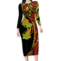 Hawaiian Manta Ray and Hammerhead Shark Tribal Tattoo Family Matching Long Sleeve Bodycon Dress and Hawaiian Shirt with Polynesian Tribal Pattern Kanaka Maoli Flag Color LT03 Mom's Dress Multicolor - Polynesian Pride