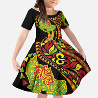 Hawaiian Manta Ray and Hammerhead Shark Tribal Tattoo Family Matching Off The Shoulder Long Sleeve Dress and Hawaiian Shirt with Polynesian Tribal Pattern Kanaka Maoli Flag Color LT03 Daughter's Dress Multicolor - Polynesian Pride