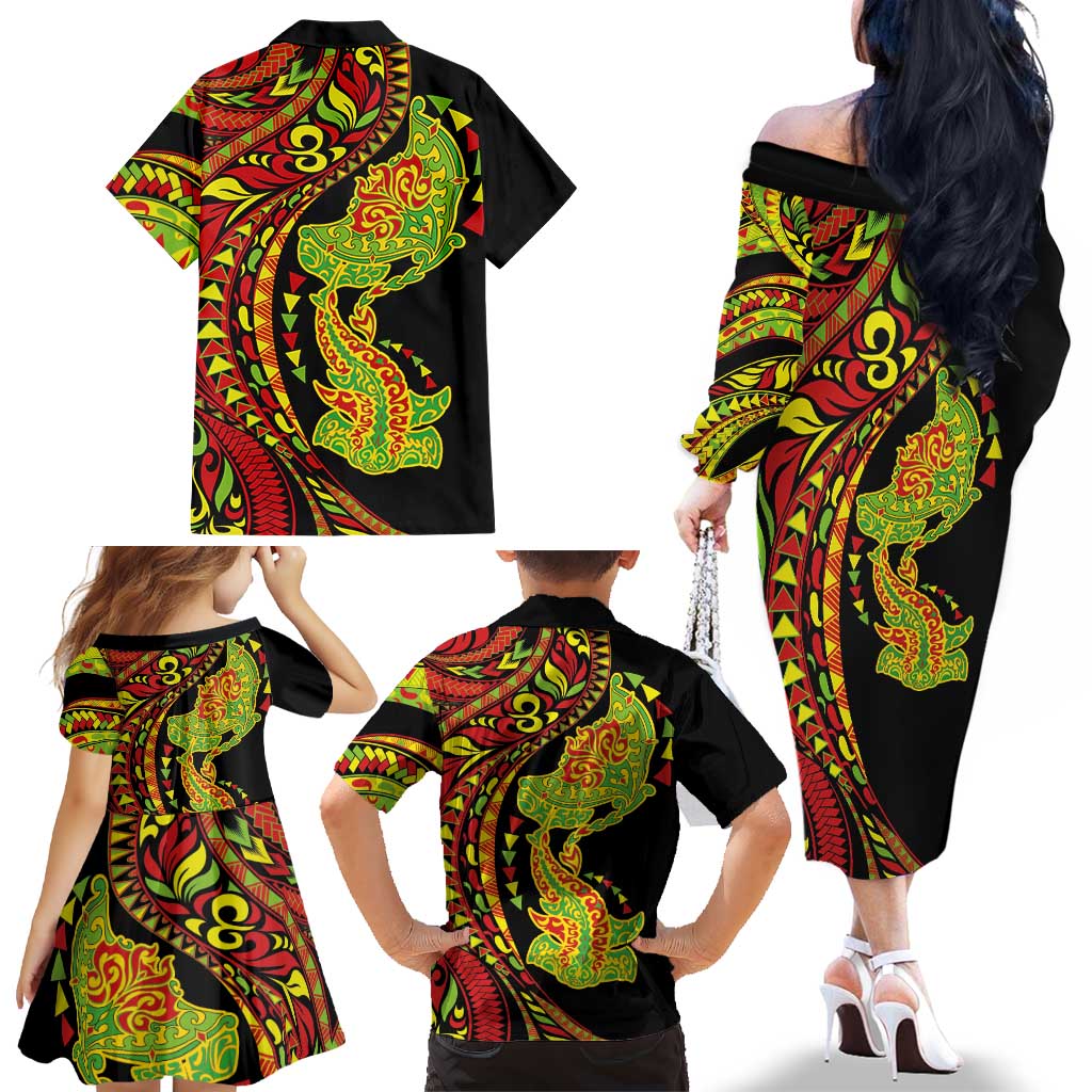 Hawaiian Manta Ray and Hammerhead Shark Tribal Tattoo Family Matching Off The Shoulder Long Sleeve Dress and Hawaiian Shirt with Polynesian Tribal Pattern Kanaka Maoli Flag Color LT03 - Polynesian Pride