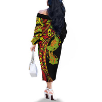 Hawaiian Manta Ray and Hammerhead Shark Tribal Tattoo Family Matching Off The Shoulder Long Sleeve Dress and Hawaiian Shirt with Polynesian Tribal Pattern Kanaka Maoli Flag Color LT03 - Polynesian Pride