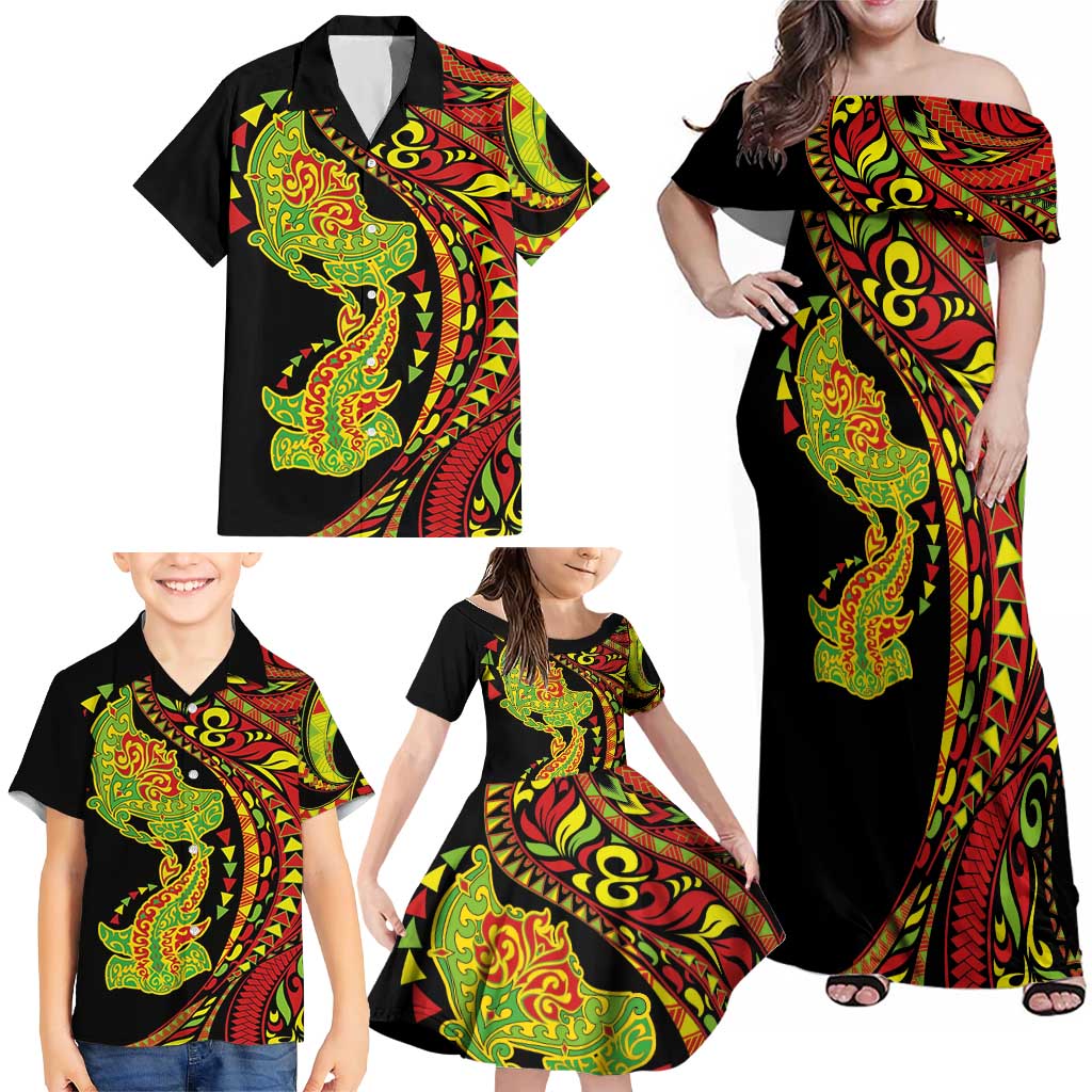 Hawaiian Manta Ray and Hammerhead Shark Tribal Tattoo Family Matching Off Shoulder Maxi Dress and Hawaiian Shirt with Polynesian Tribal Pattern Kanaka Maoli Flag Color LT03 - Polynesian Pride