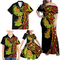 Hawaiian Manta Ray and Hammerhead Shark Tribal Tattoo Family Matching Off Shoulder Maxi Dress and Hawaiian Shirt with Polynesian Tribal Pattern Kanaka Maoli Flag Color LT03 - Polynesian Pride