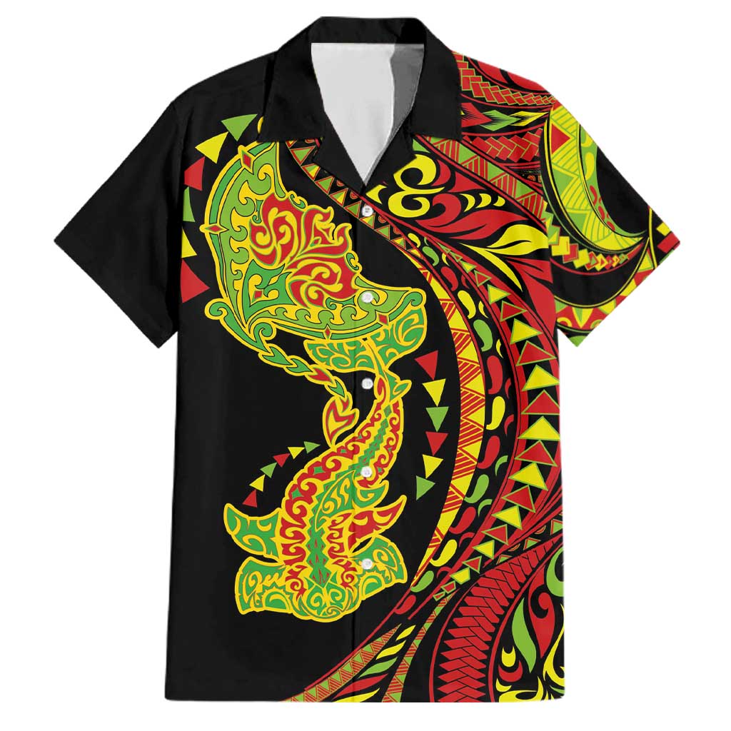 Hawaiian Manta Ray and Hammerhead Shark Tribal Tattoo Family Matching Off Shoulder Maxi Dress and Hawaiian Shirt with Polynesian Tribal Pattern Kanaka Maoli Flag Color LT03 Dad's Shirt - Short Sleeve Multicolor - Polynesian Pride