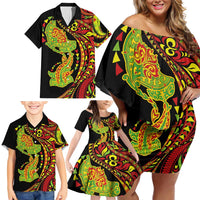 Hawaiian Manta Ray and Hammerhead Shark Tribal Tattoo Family Matching Off Shoulder Short Dress and Hawaiian Shirt with Polynesian Tribal Pattern Kanaka Maoli Flag Color LT03 - Polynesian Pride