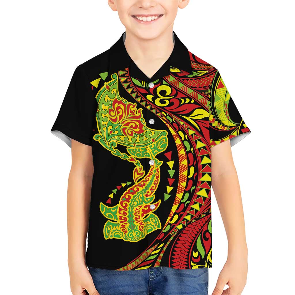 Hawaiian Manta Ray and Hammerhead Shark Tribal Tattoo Family Matching Off Shoulder Short Dress and Hawaiian Shirt with Polynesian Tribal Pattern Kanaka Maoli Flag Color LT03 Son's Shirt Multicolor - Polynesian Pride