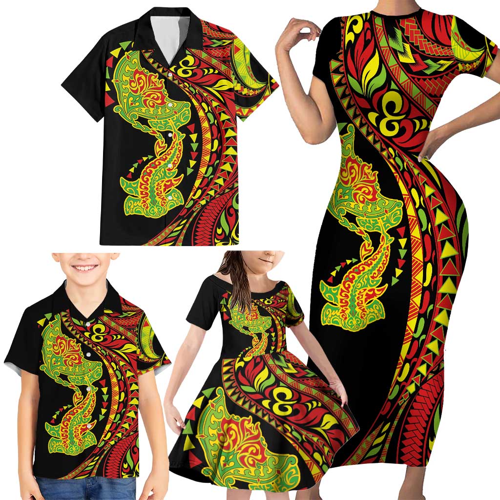 Hawaiian Manta Ray and Hammerhead Shark Tribal Tattoo Family Matching Short Sleeve Bodycon Dress and Hawaiian Shirt with Polynesian Tribal Pattern Kanaka Maoli Flag Color LT03 - Polynesian Pride