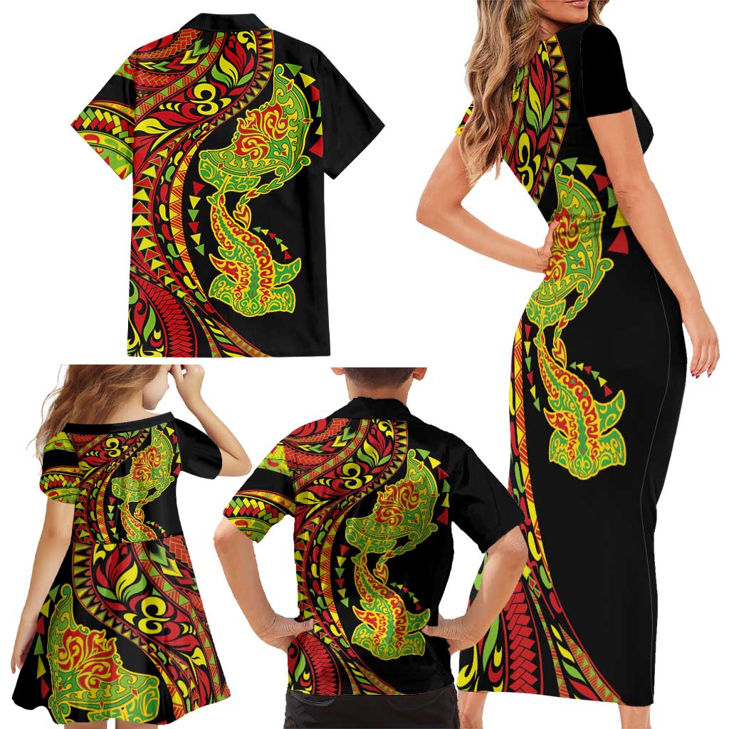 Hawaiian Manta Ray and Hammerhead Shark Tribal Tattoo Family Matching Short Sleeve Bodycon Dress and Hawaiian Shirt with Polynesian Tribal Pattern Kanaka Maoli Flag Color LT03 - Polynesian Pride