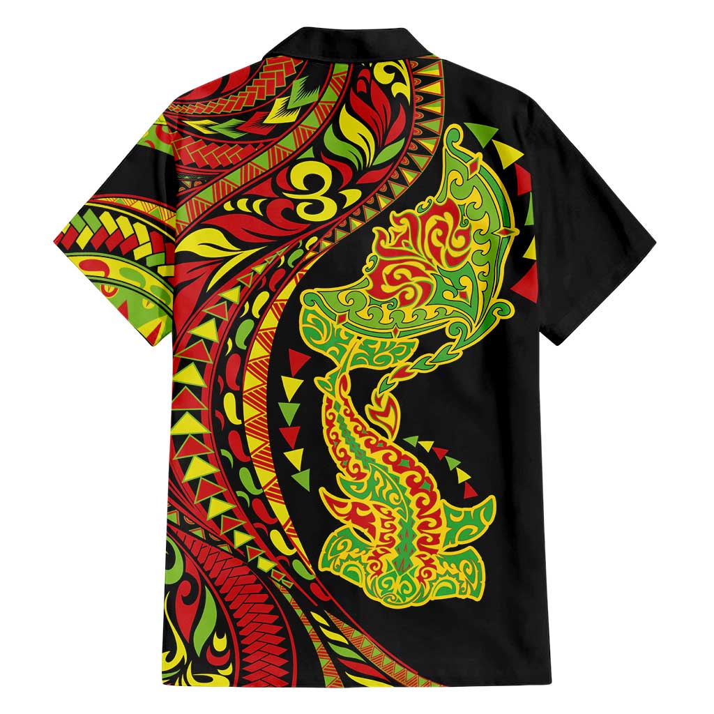 Hawaiian Manta Ray and Hammerhead Shark Tribal Tattoo Family Matching Short Sleeve Bodycon Dress and Hawaiian Shirt with Polynesian Tribal Pattern Kanaka Maoli Flag Color LT03 - Polynesian Pride