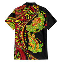 Hawaiian Manta Ray and Hammerhead Shark Tribal Tattoo Family Matching Short Sleeve Bodycon Dress and Hawaiian Shirt with Polynesian Tribal Pattern Kanaka Maoli Flag Color LT03 - Polynesian Pride