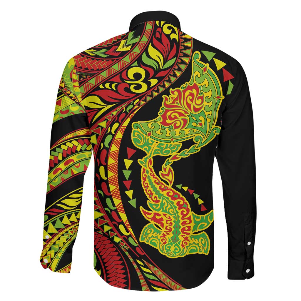 Hawaiian Manta Ray and Hammerhead Shark Tribal Tattoo Family Matching Short Sleeve Bodycon Dress and Hawaiian Shirt with Polynesian Tribal Pattern Kanaka Maoli Flag Color LT03 - Polynesian Pride