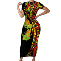Hawaiian Manta Ray and Hammerhead Shark Tribal Tattoo Family Matching Short Sleeve Bodycon Dress and Hawaiian Shirt with Polynesian Tribal Pattern Kanaka Maoli Flag Color LT03 Mom's Dress Multicolor - Polynesian Pride
