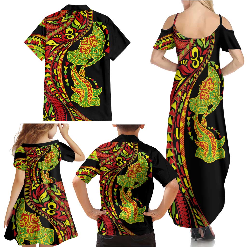 Hawaiian Manta Ray and Hammerhead Shark Tribal Tattoo Family Matching Summer Maxi Dress and Hawaiian Shirt with Polynesian Tribal Pattern Kanaka Maoli Flag Color LT03 - Polynesian Pride
