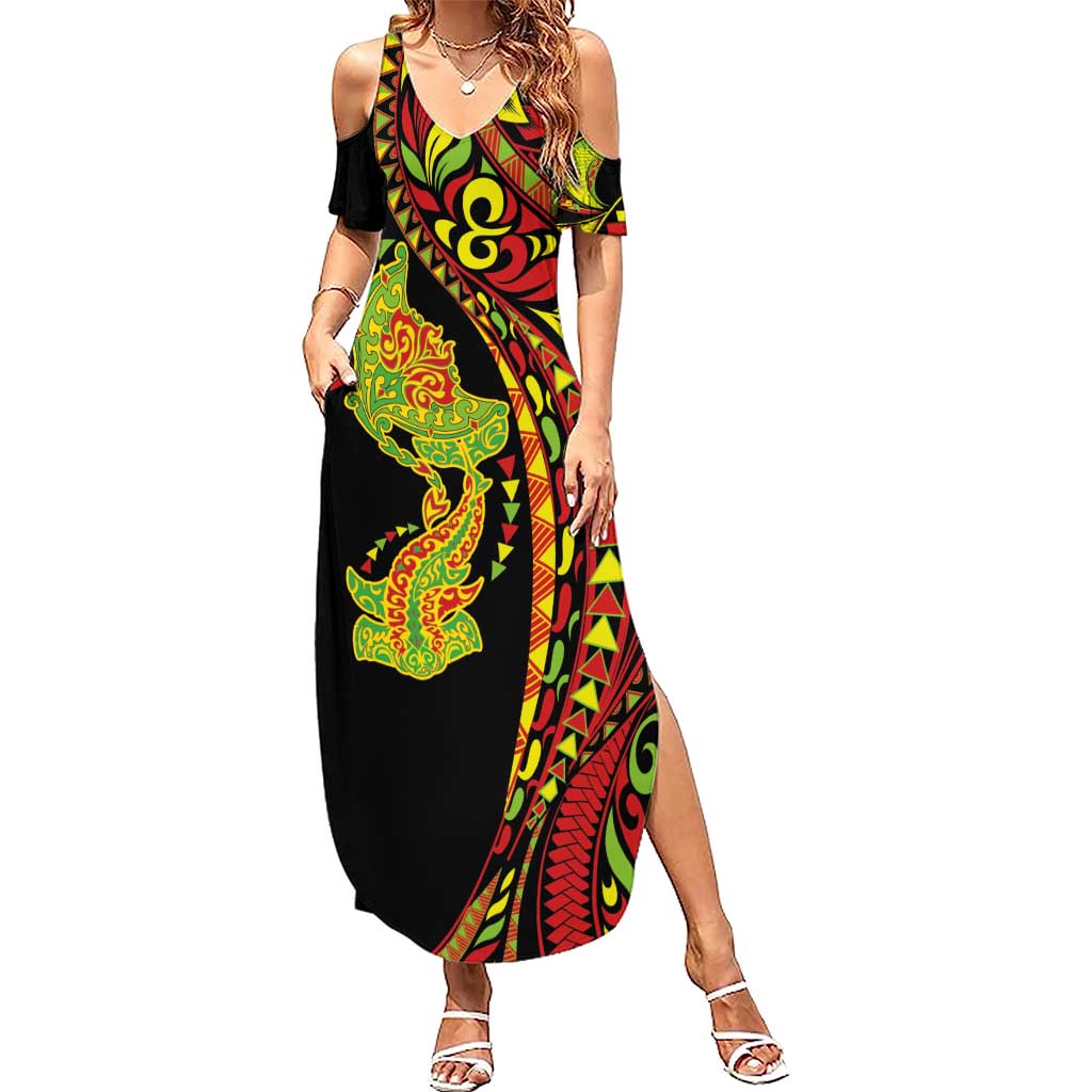 Hawaiian Manta Ray and Hammerhead Shark Tribal Tattoo Family Matching Summer Maxi Dress and Hawaiian Shirt with Polynesian Tribal Pattern Kanaka Maoli Flag Color LT03 Mom's Dress Multicolor - Polynesian Pride
