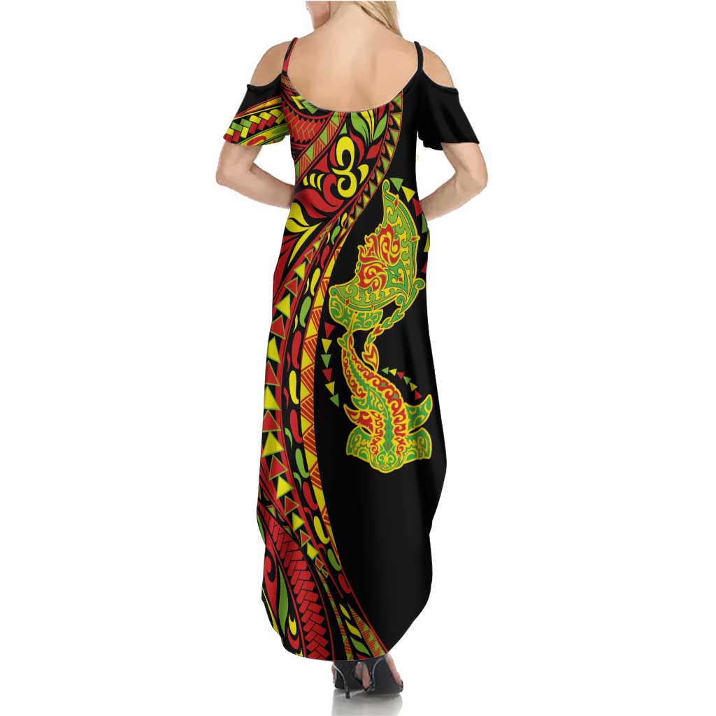 Hawaiian Manta Ray and Hammerhead Shark Tribal Tattoo Family Matching Summer Maxi Dress and Hawaiian Shirt with Polynesian Tribal Pattern Kanaka Maoli Flag Color LT03 - Polynesian Pride