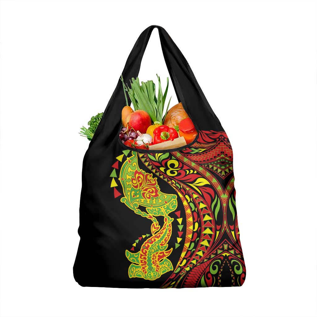 Hawaiian Manta Ray and Hammerhead Shark Tribal Tattoo Grocery Bag with Polynesian Tribal Pattern Kanaka Maoli Flag Color LT03 1-pack One Size Multicolor - Polynesian Pride