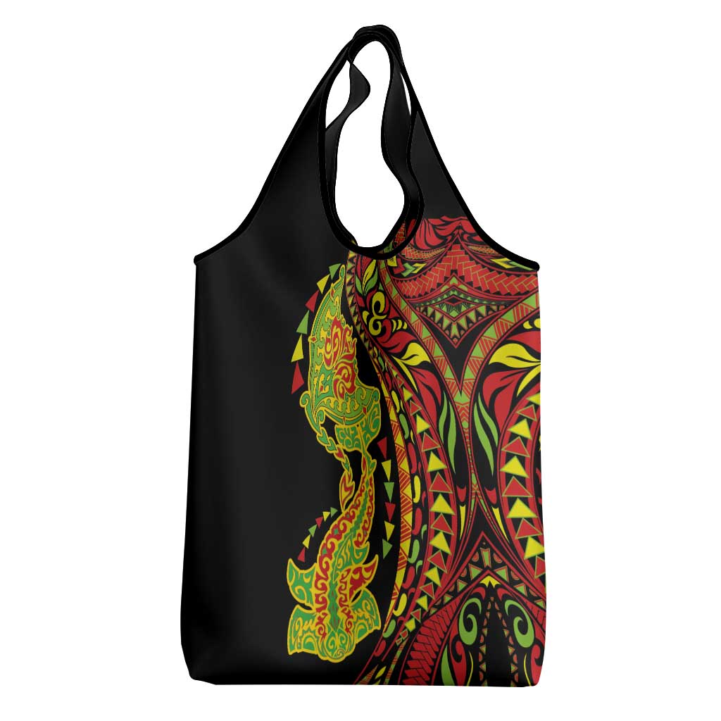 Hawaiian Manta Ray and Hammerhead Shark Tribal Tattoo Grocery Bag with Polynesian Tribal Pattern Kanaka Maoli Flag Color LT03 - Polynesian Pride