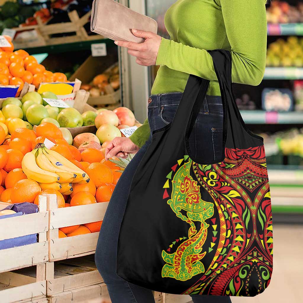 Hawaiian Manta Ray and Hammerhead Shark Tribal Tattoo Grocery Bag with Polynesian Tribal Pattern Kanaka Maoli Flag Color LT03 - Polynesian Pride