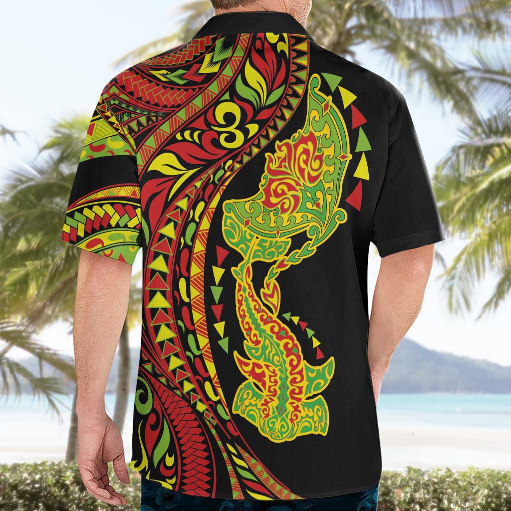 Hawaiian Manta Ray and Hammerhead Shark Tribal Tattoo Hawaiian Shirt with Polynesian Tribal Pattern Kanaka Maoli Flag Color LT03 - Polynesian Pride
