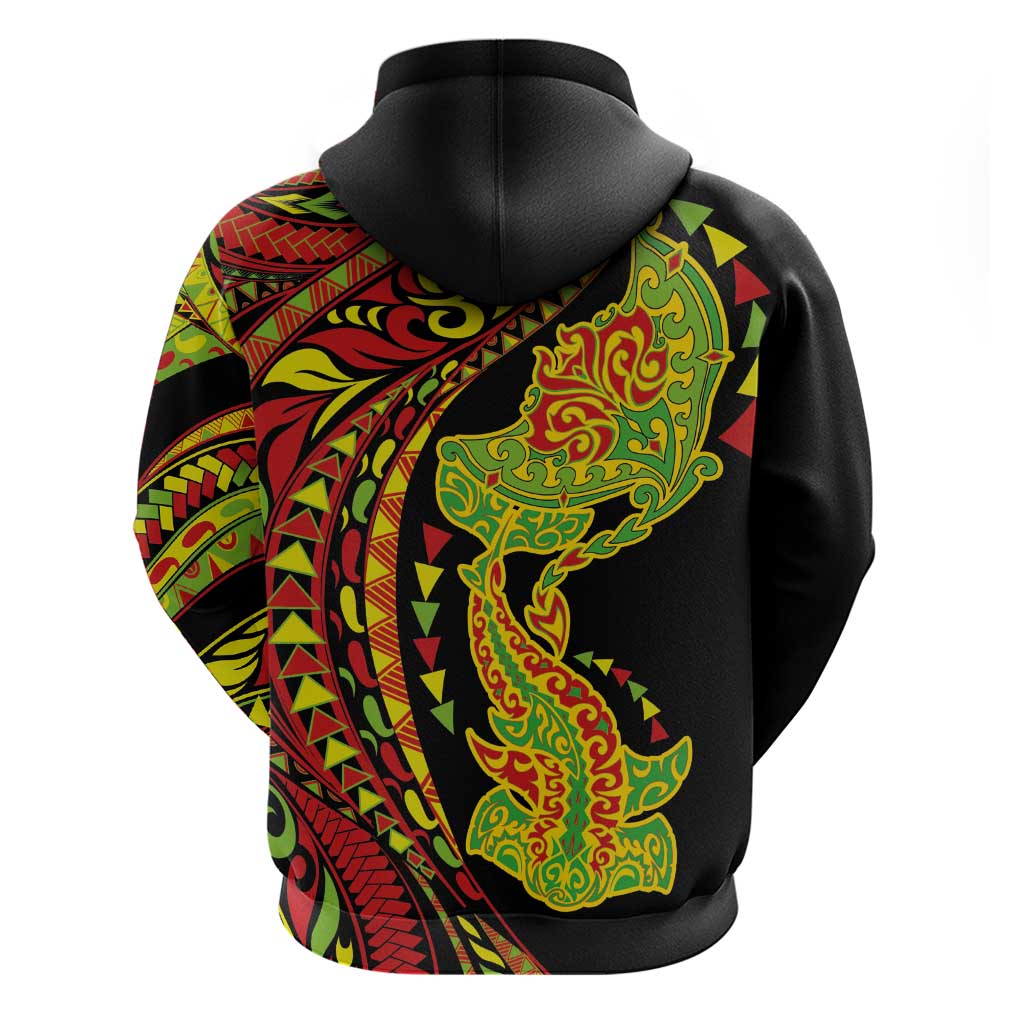 Hawaiian Manta Ray and Hammerhead Shark Tribal Tattoo Hoodie with Polynesian Tribal Pattern Kanaka Maoli Flag Color LT03 - Polynesian Pride