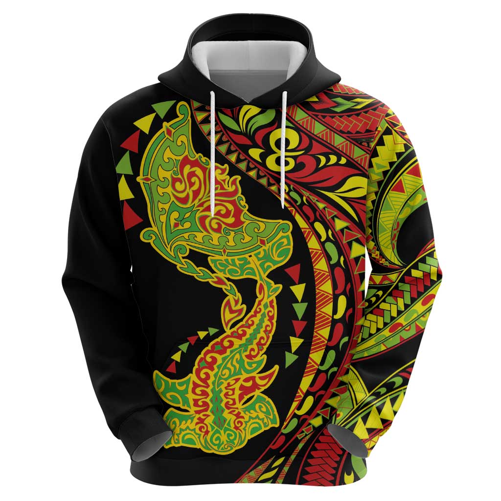 Hawaiian Manta Ray and Hammerhead Shark Tribal Tattoo Hoodie with Polynesian Tribal Pattern Kanaka Maoli Flag Color LT03 - Polynesian Pride
