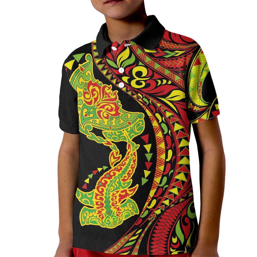 Hawaiian Manta Ray and Hammerhead Shark Tribal Tattoo Kid Polo Shirt with Polynesian Tribal Pattern Kanaka Maoli Flag Color LT03 Kid Multicolor - Polynesian Pride