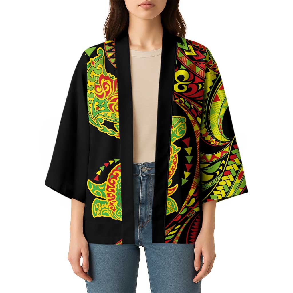 Hawaiian Manta Ray and Hammerhead Shark Tribal Tattoo Kimono with Polynesian Tribal Pattern Kanaka Maoli Flag Color LT03 - Polynesian Pride