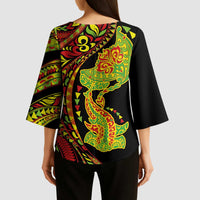 Hawaiian Manta Ray and Hammerhead Shark Tribal Tattoo Kimono Sleeve Blouse with Polynesian Tribal Pattern Kanaka Maoli Flag Color LT03 - Polynesian Pride