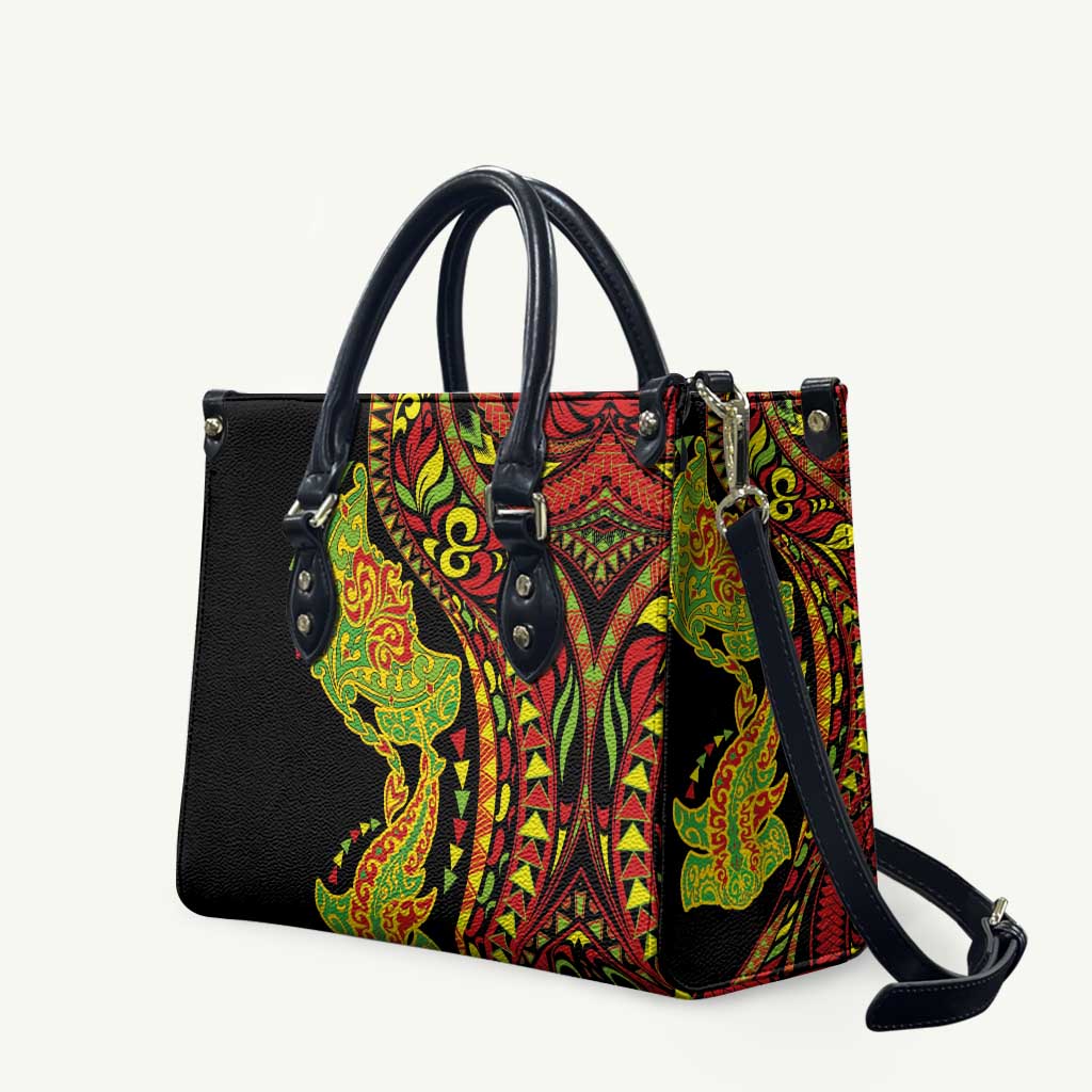 Hawaiian Manta Ray and Hammerhead Shark Tribal Tattoo Leather Bag with Polynesian Tribal Pattern Kanaka Maoli Flag Color