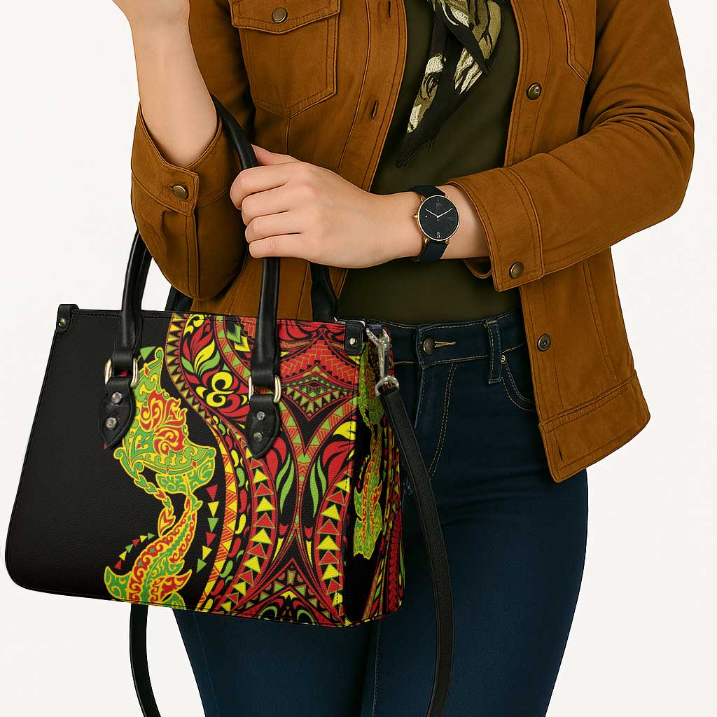 Hawaiian Manta Ray and Hammerhead Shark Tribal Tattoo Leather Bag with Polynesian Tribal Pattern Kanaka Maoli Flag Color LT03 - Polynesian Pride