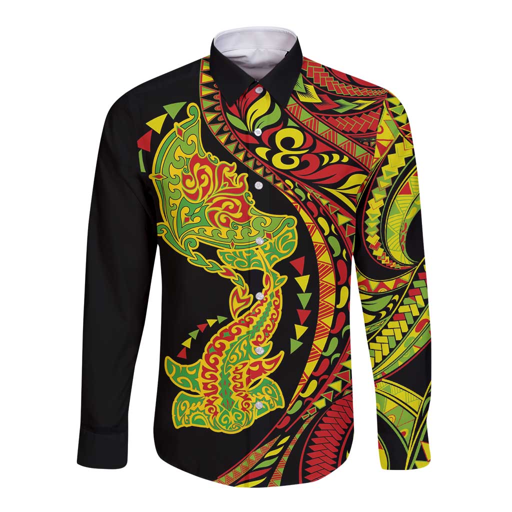 Hawaiian Manta Ray and Hammerhead Shark Tribal Tattoo Long Sleeve Button Shirt with Polynesian Tribal Pattern Kanaka Maoli Flag Color LT03 Unisex Multicolor - Polynesian Pride