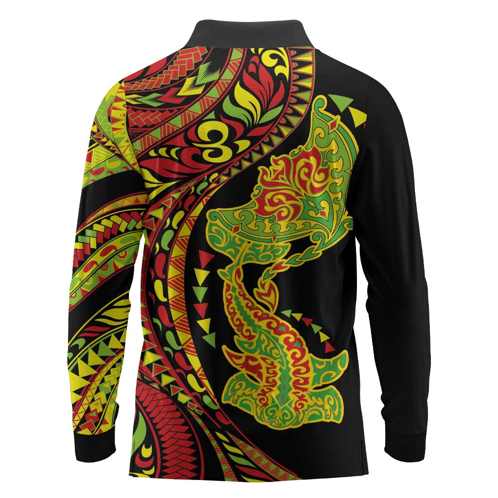 Hawaiian Manta Ray and Hammerhead Shark Tribal Tattoo Long Sleeve Polo Shirt with Polynesian Tribal Pattern Kanaka Maoli Flag Color LT03 - Polynesian Pride