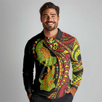 Hawaiian Manta Ray and Hammerhead Shark Tribal Tattoo Long Sleeve Polo Shirt with Polynesian Tribal Pattern Kanaka Maoli Flag Color LT03 - Polynesian Pride