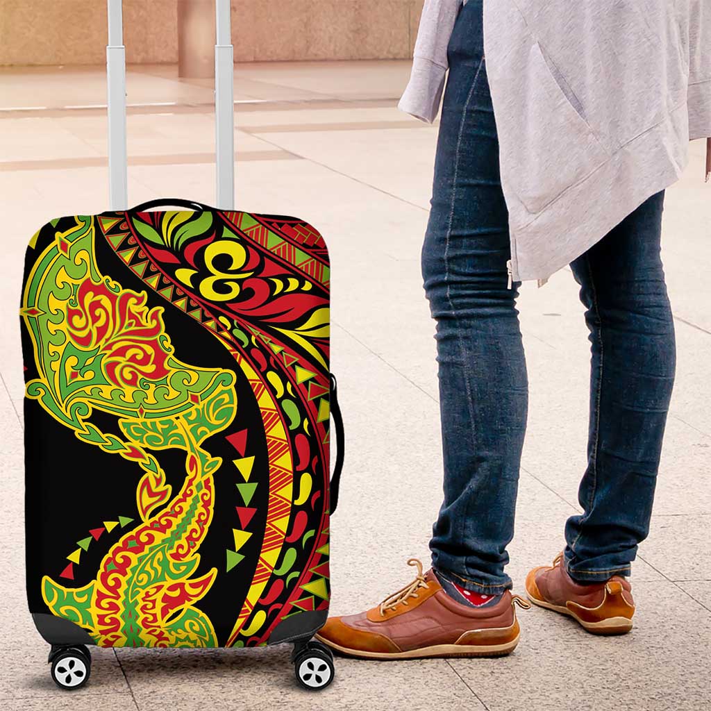 Hawaiian Manta Ray and Hammerhead Shark Tribal Tattoo Luggage Cover with Polynesian Tribal Pattern Kanaka Maoli Flag Color