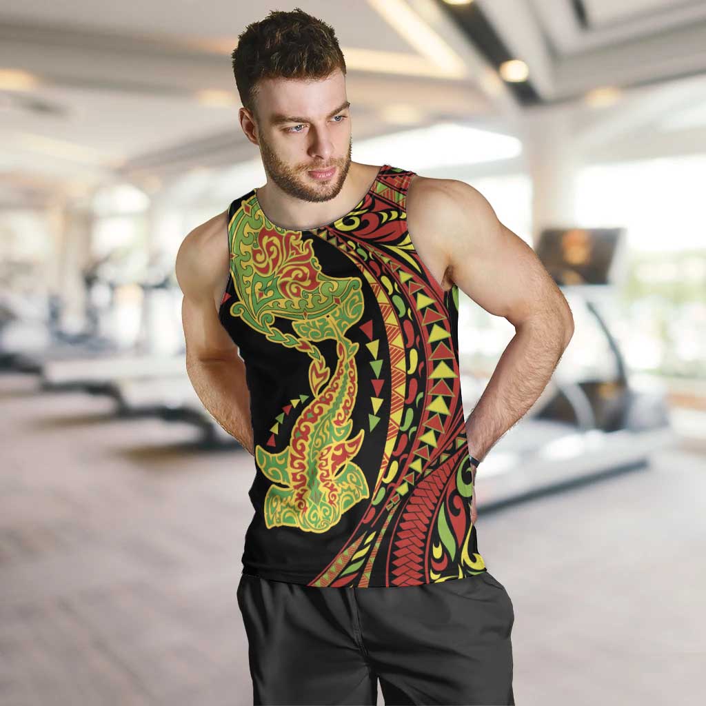 Hawaiian Manta Ray and Hammerhead Shark Tribal Tattoo Men Tank Top with Polynesian Tribal Pattern Kanaka Maoli Flag Color