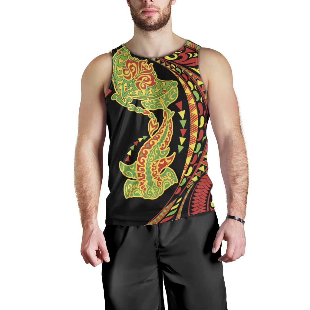 Hawaiian Manta Ray and Hammerhead Shark Tribal Tattoo Men Tank Top with Polynesian Tribal Pattern Kanaka Maoli Flag Color LT03 - Polynesian Pride