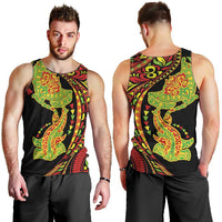 Hawaiian Manta Ray and Hammerhead Shark Tribal Tattoo Men Tank Top with Polynesian Tribal Pattern Kanaka Maoli Flag Color LT03 - Polynesian Pride