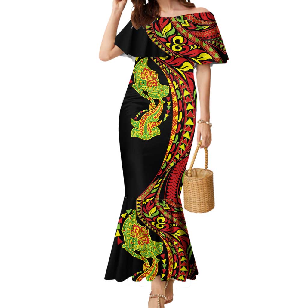 Hawaiian Manta Ray and Hammerhead Shark Tribal Tattoo Mermaid Dress with Polynesian Tribal Pattern Kanaka Maoli Flag Color