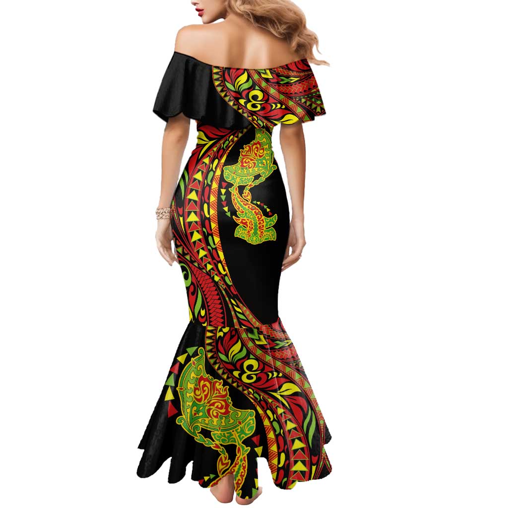 Hawaiian Manta Ray and Hammerhead Shark Tribal Tattoo Mermaid Dress with Polynesian Tribal Pattern Kanaka Maoli Flag Color LT03 - Polynesian Pride
