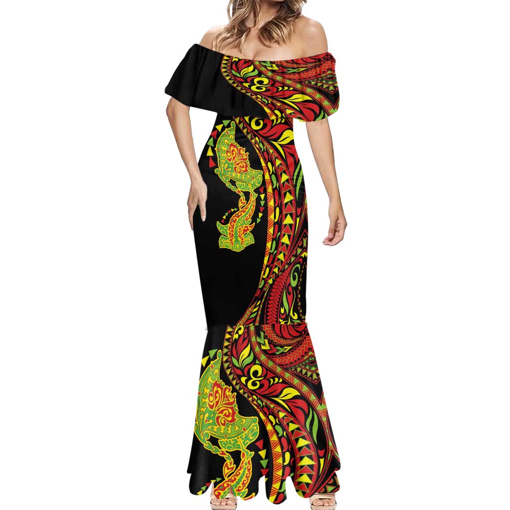 Hawaiian Manta Ray and Hammerhead Shark Tribal Tattoo Mermaid Dress with Polynesian Tribal Pattern Kanaka Maoli Flag Color LT03 - Polynesian Pride