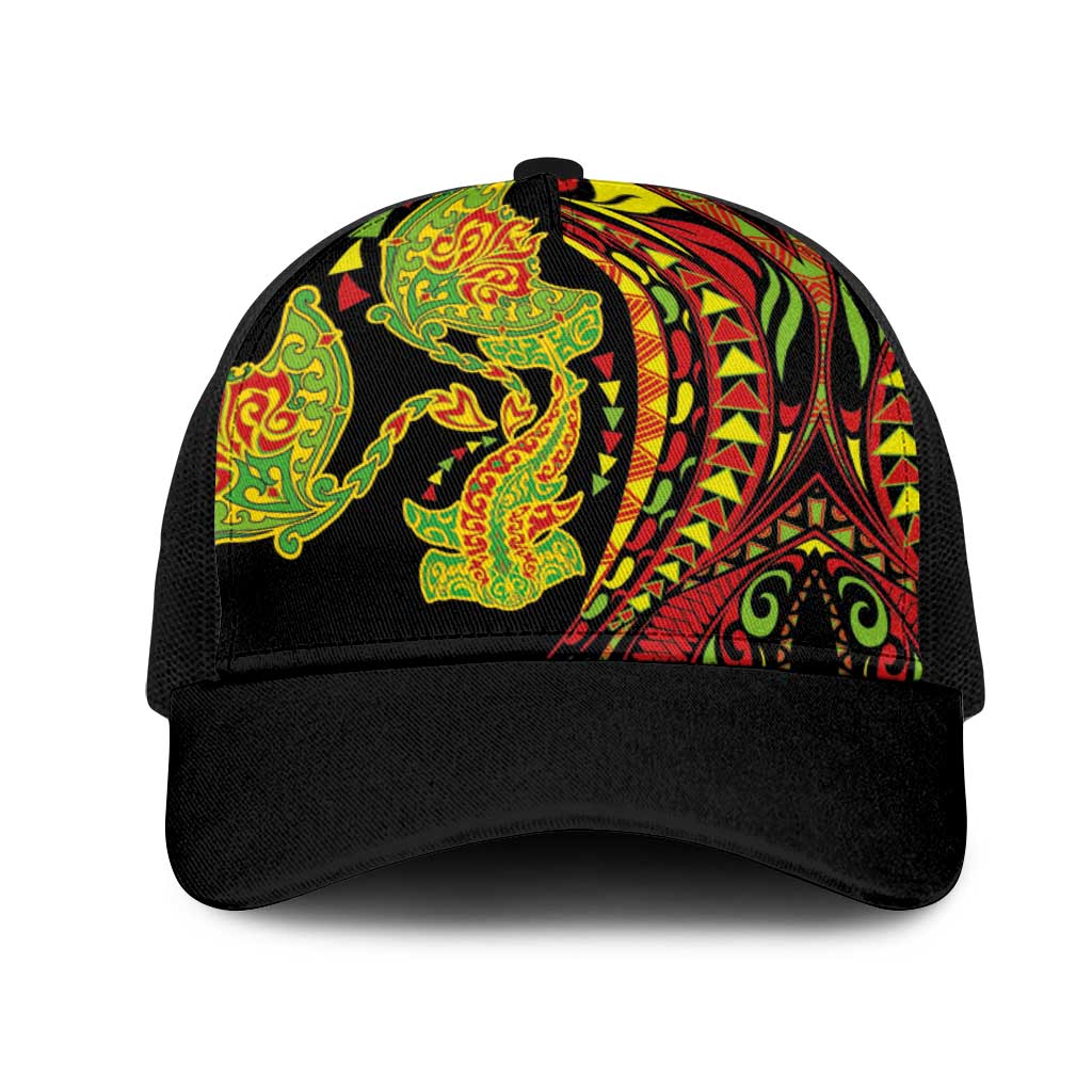 Hawaiian Manta Ray and Hammerhead Shark Tribal Tattoo Mesh Trucker Cap with Polynesian Tribal Pattern Kanaka Maoli Flag Color LT03 One Size Black Multicolor - Polynesian Pride