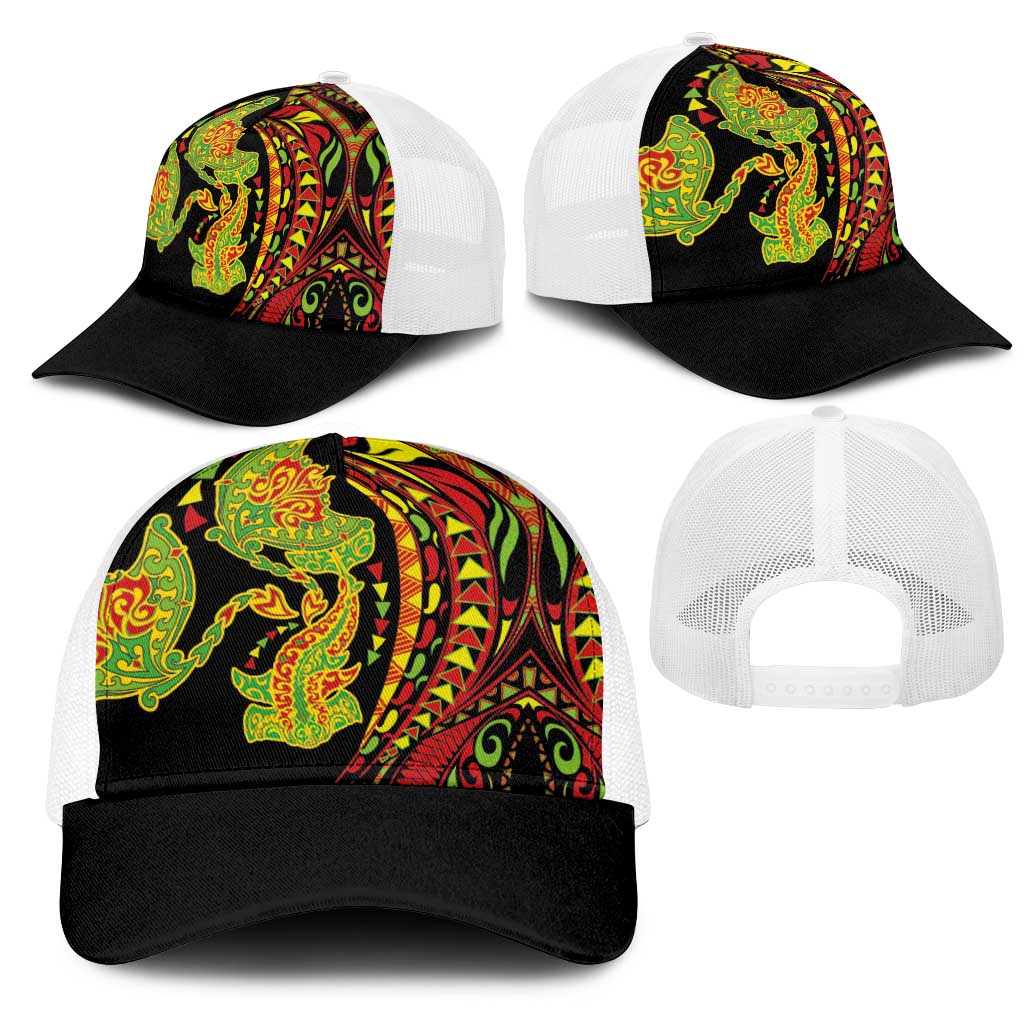 Hawaiian Manta Ray and Hammerhead Shark Tribal Tattoo Mesh Trucker Cap with Polynesian Tribal Pattern Kanaka Maoli Flag Color LT03 - Polynesian Pride